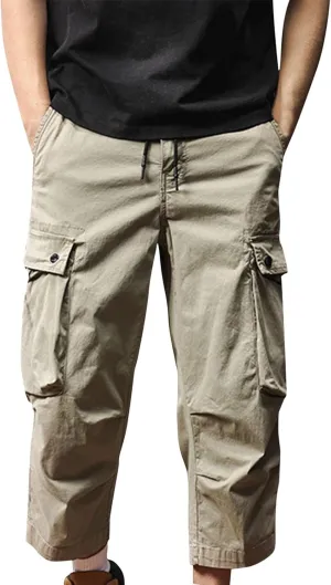 Men's Cargo Shorts Casual Drawstring Elastic 3/4 Capri Pants Lightweight Below Knee Long Shorts with Pockets