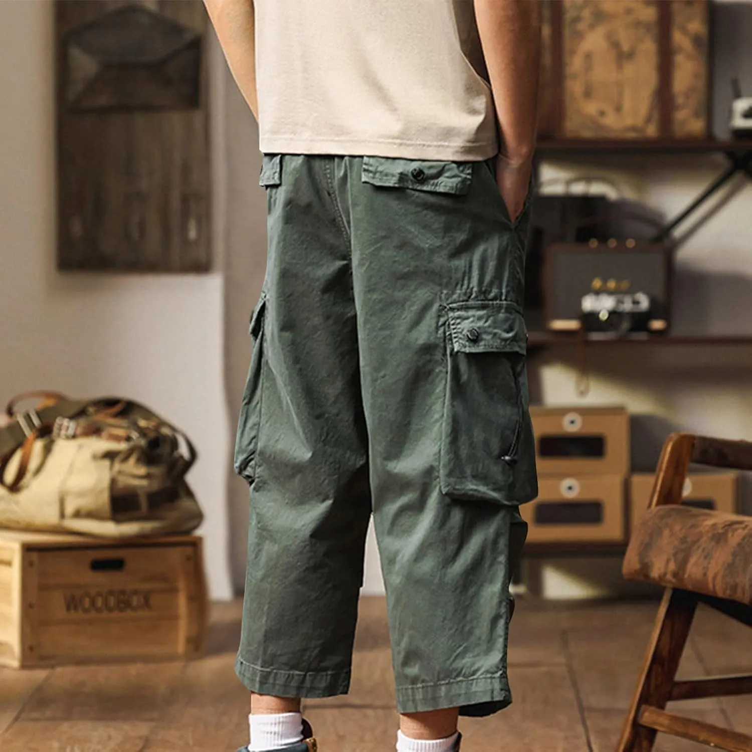 Men's Cargo Shorts Casual Drawstring Elastic 3/4 Capri Pants Lightweight Below Knee Long Shorts with Pockets
