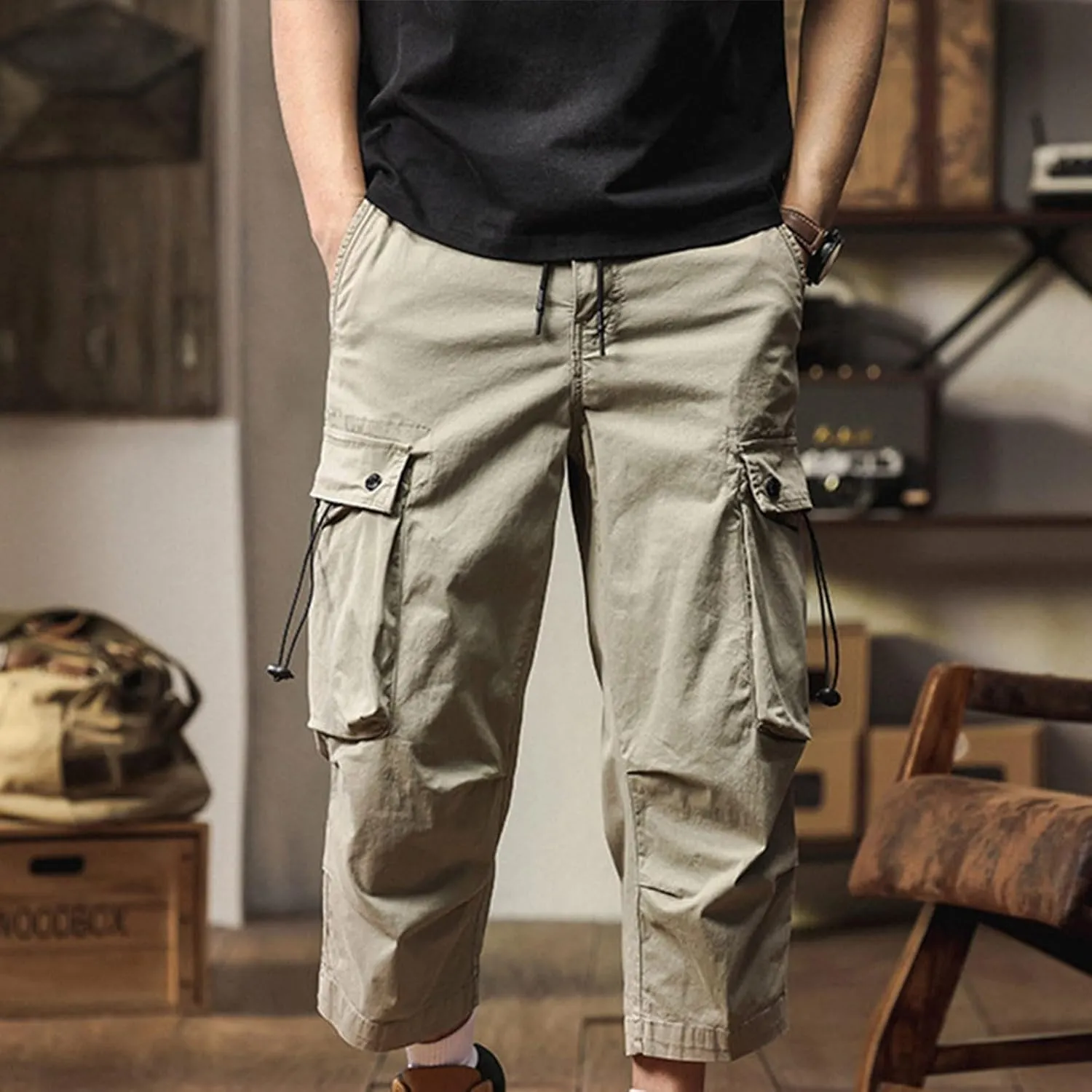 Men's Cargo Shorts Casual Drawstring Elastic 3/4 Capri Pants Lightweight Below Knee Long Shorts with Pockets