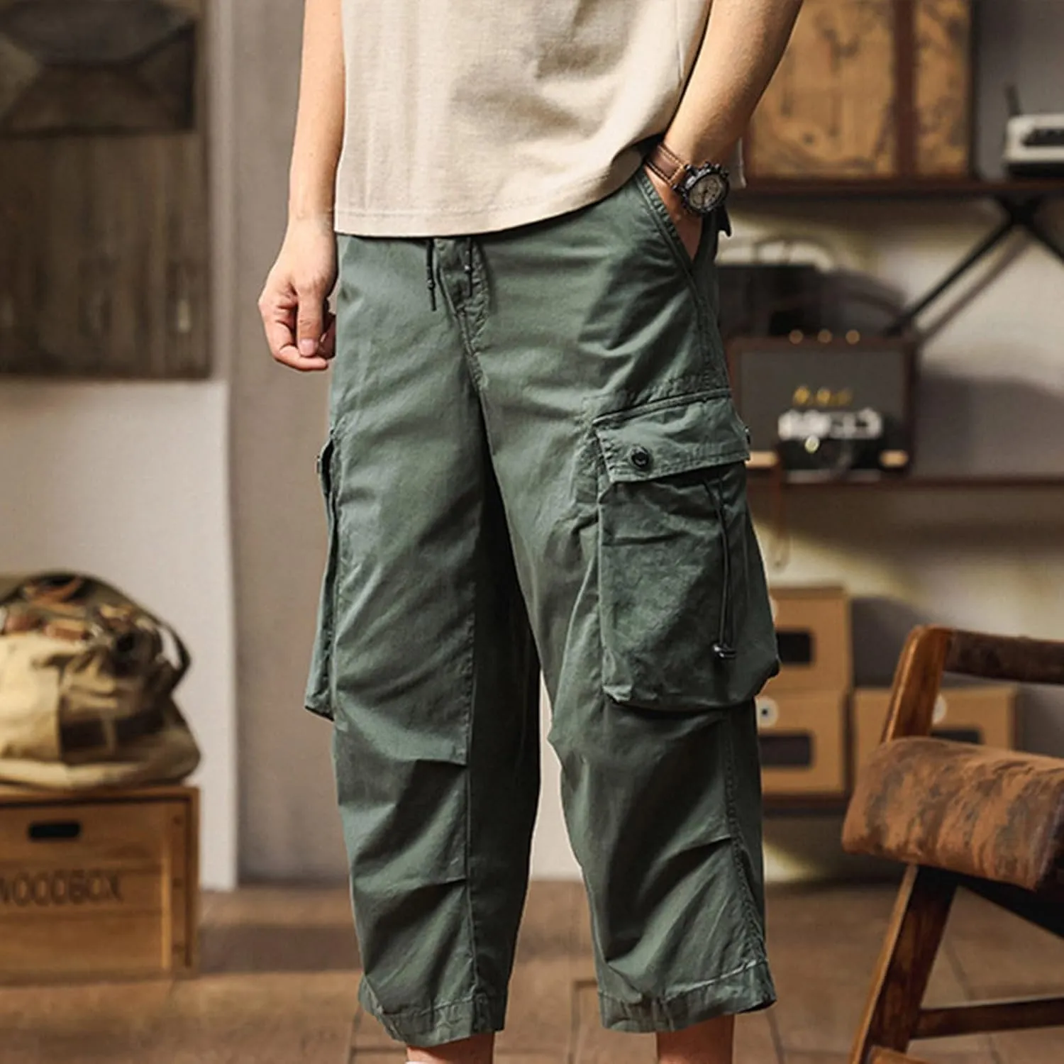 Men's Cargo Shorts Casual Drawstring Elastic 3/4 Capri Pants Lightweight Below Knee Long Shorts with Pockets
