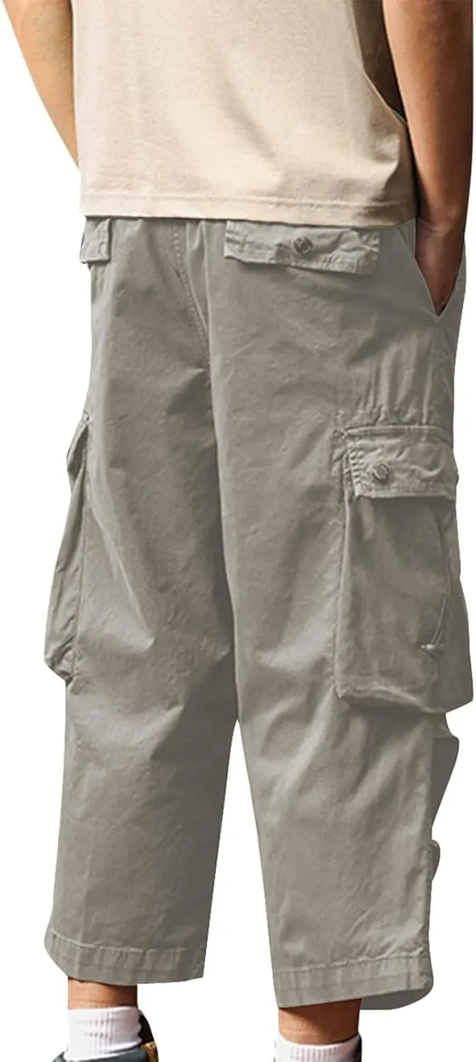 Men's Cargo Shorts Casual Drawstring Elastic 3/4 Capri Pants Lightweight Below Knee Long Shorts with Pockets