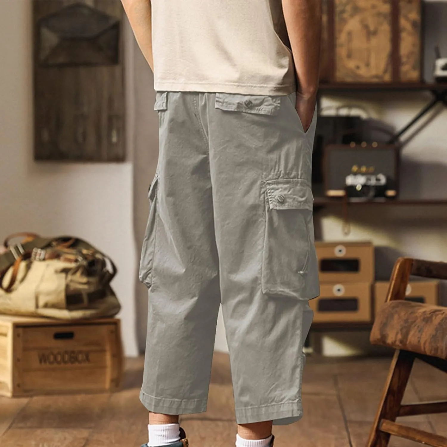 Men's Cargo Shorts Casual Drawstring Elastic 3/4 Capri Pants Lightweight Below Knee Long Shorts with Pockets