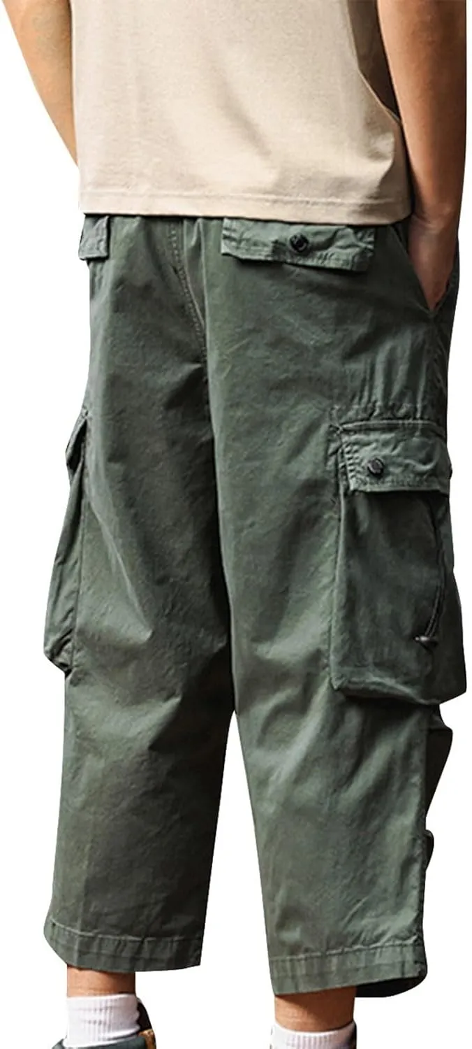 Men's Cargo Shorts Casual Drawstring Elastic 3/4 Capri Pants Lightweight Below Knee Long Shorts with Pockets
