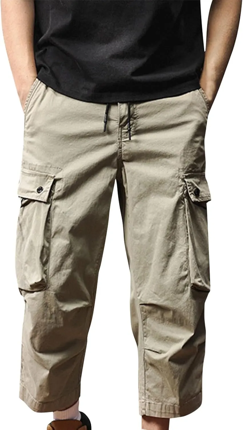 Men's Cargo Shorts Casual Drawstring Elastic 3/4 Capri Pants Lightweight Below Knee Long Shorts with Pockets