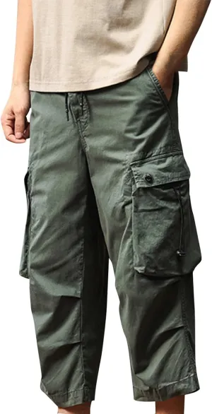 Men's Cargo Shorts Casual Drawstring Elastic 3/4 Capri Pants Lightweight Below Knee Long Shorts with Pockets