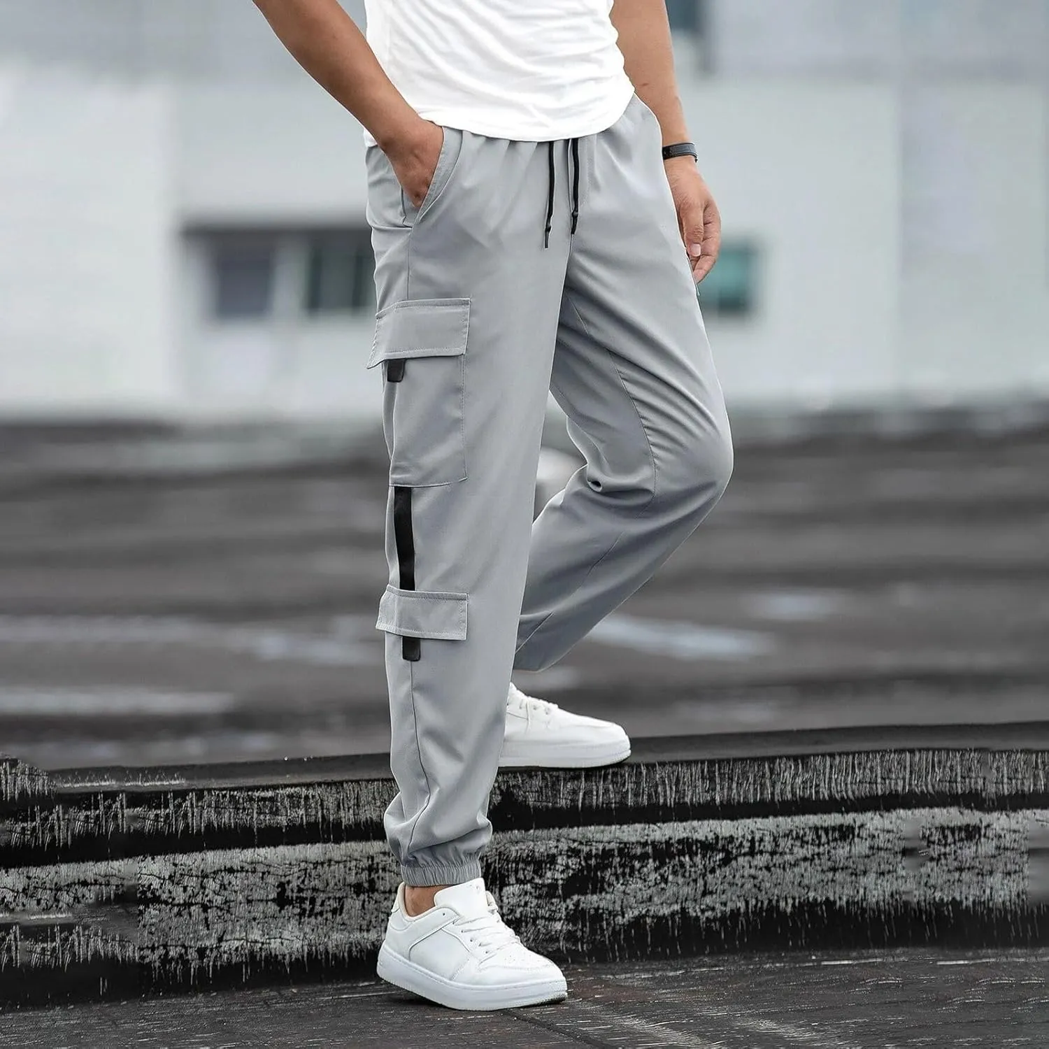 Mens Cargo Sweatpants with Pockets Elastic Waisted Lightweight Joggers Casual Relaxed Fit Drawstring Stretch Jogging Trousers