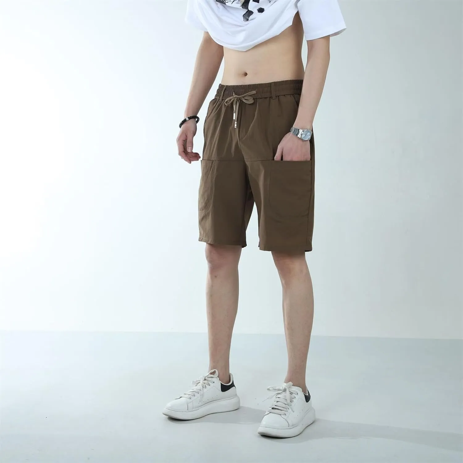 Mens Casual Fashion Capri Pants Summer Hip-Hop Solid Color Drawstring Waisted Running Sport Sweatpants with Pockets