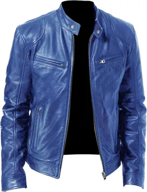 Men's Casual Leather Jacket Motorcycle Lightweight PU Outwear Stand Collar Bomber Leather Jacket