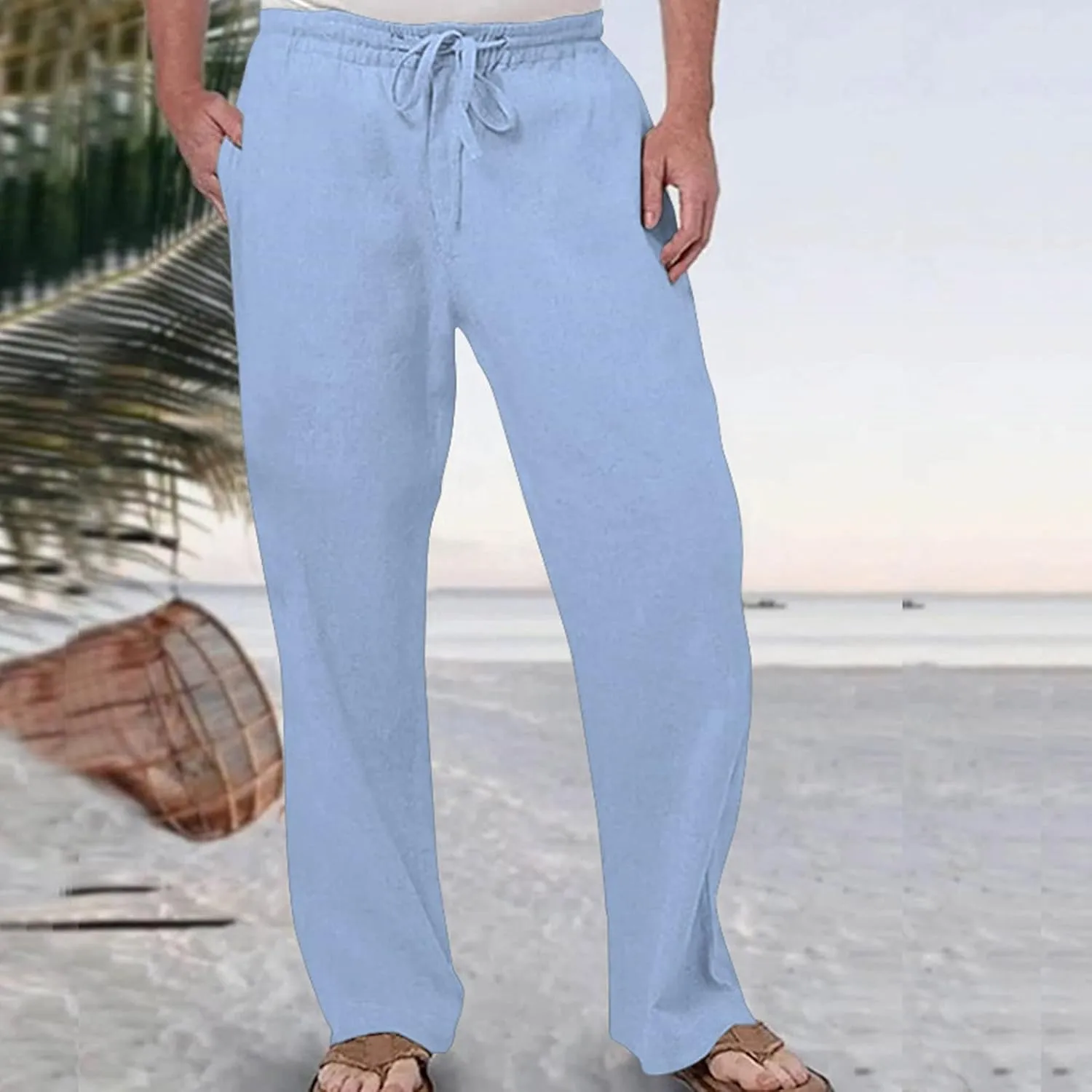 Men's Casual Linen Pants Drawstring Elastic Waist Summer Yoga Beach Pants Lightweight Loose Trousers