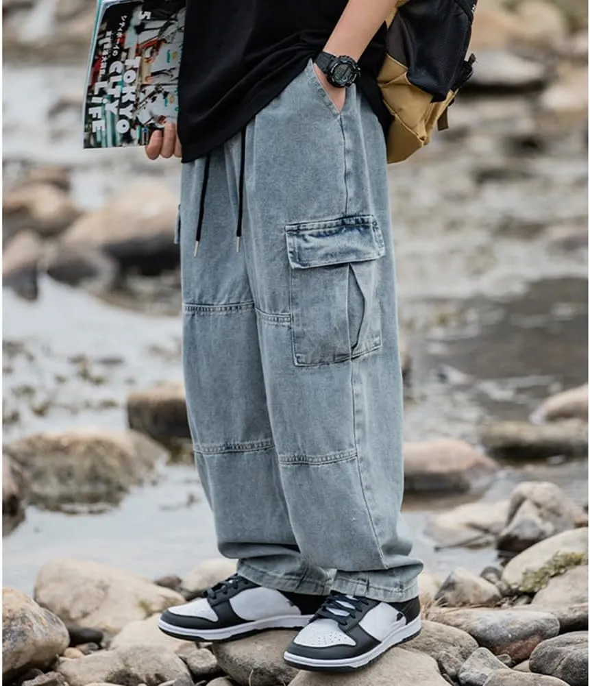 Men's Casual Loose Elastic Waist Cargo Jeans Hip Hop Denim Pants