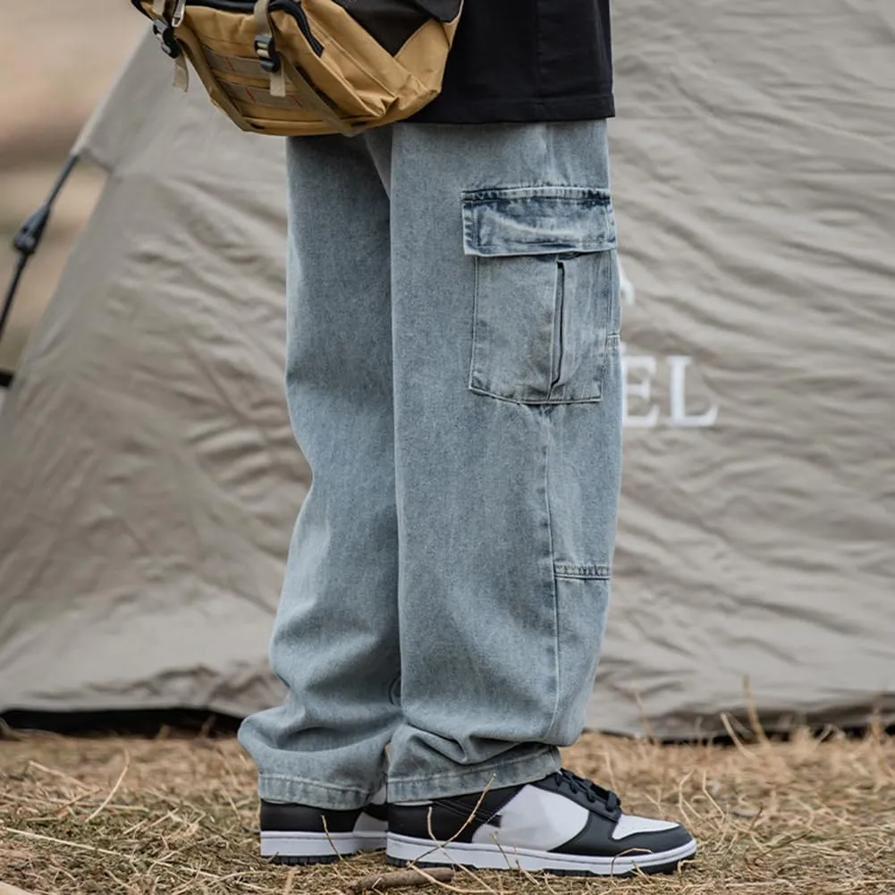 Men's Casual Loose Elastic Waist Cargo Jeans Hip Hop Denim Pants