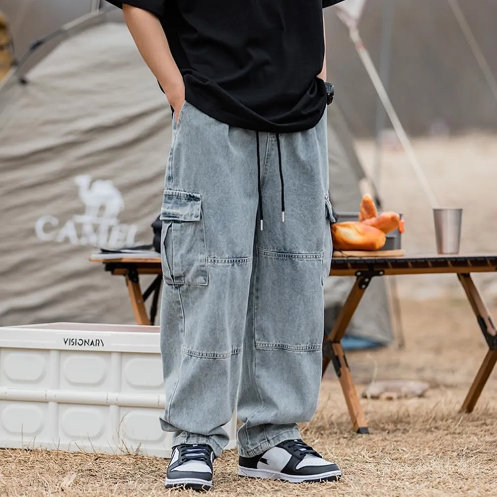 Men's Casual Loose Elastic Waist Cargo Jeans Hip Hop Denim Pants