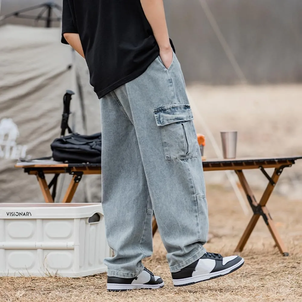 Men's Casual Loose Elastic Waist Cargo Jeans Hip Hop Denim Pants