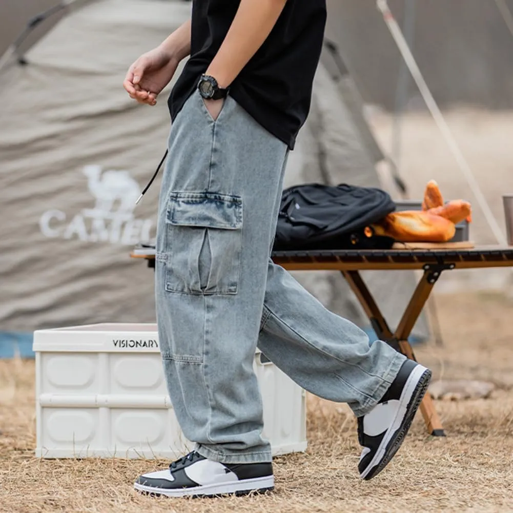 Men's Casual Loose Elastic Waist Cargo Jeans Hip Hop Denim Pants