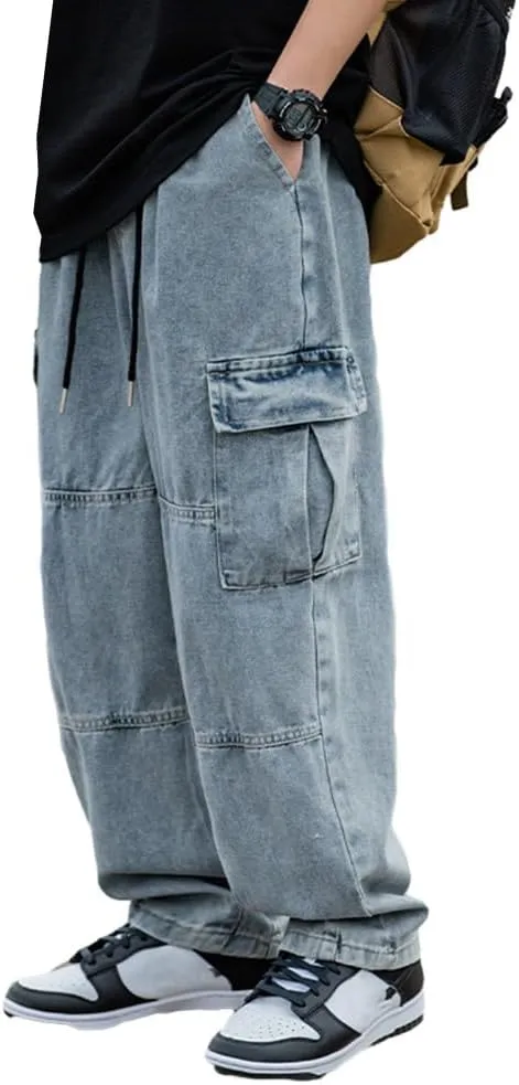 Men's Casual Loose Elastic Waist Cargo Jeans Hip Hop Denim Pants
