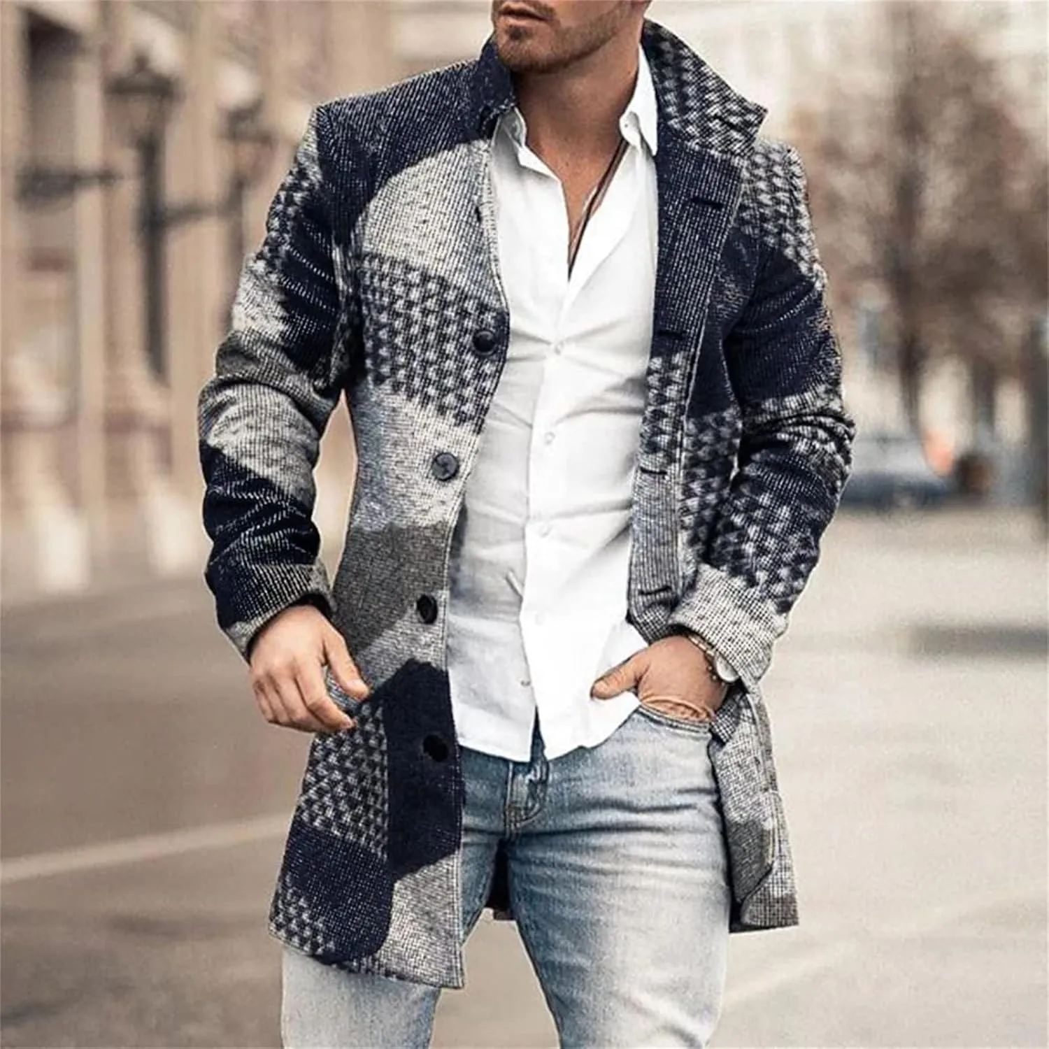 Mens Casual Plaid Notch Lapel Trench Coat Single Breasted Mid-Long Warm Pea Coats Soft Tops Fashion Jacket Overcoat
