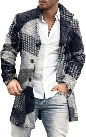 Mens Casual Plaid Notch Lapel Trench Coat Single Breasted Mid-Long Warm Pea Coats Soft Tops Fashion Jacket Overcoat