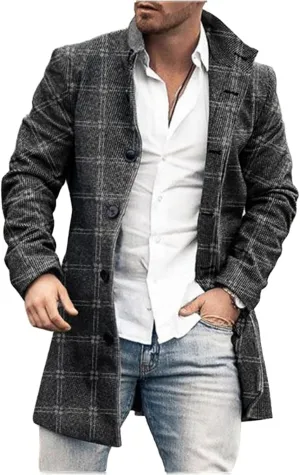 Mens Casual Plaid Notch Lapel Trench Coat Single Breasted Mid-Long Warm Pea Coats Soft Tops Fashion Jacket Overcoat