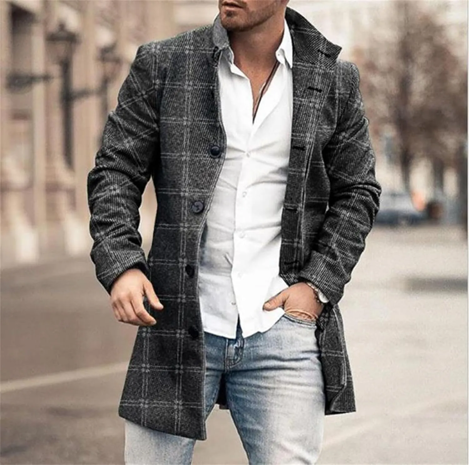 Mens Casual Plaid Notch Lapel Trench Coat Single Breasted Mid-Long Warm Pea Coats Soft Tops Fashion Jacket Overcoat
