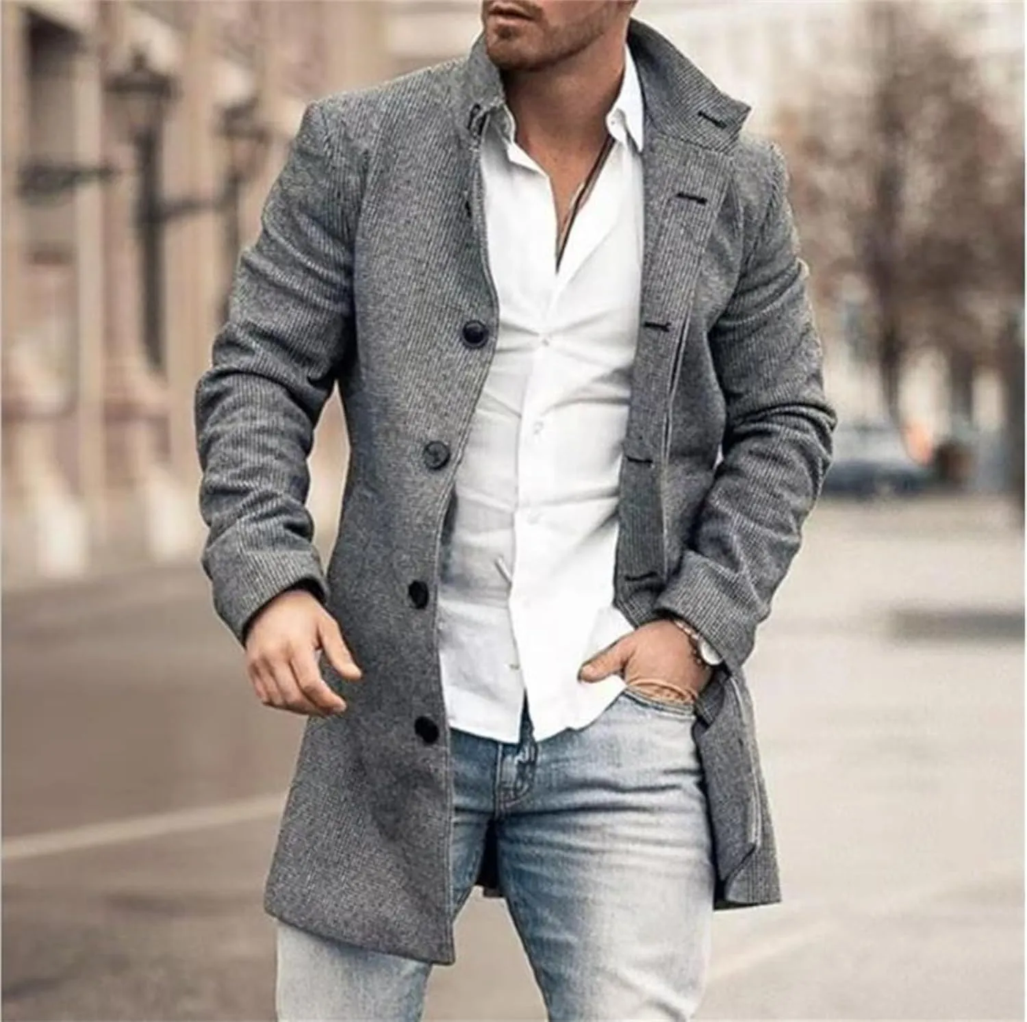 Mens Casual Plaid Notch Lapel Trench Coat Single Breasted Mid-Long Warm Pea Coats Soft Tops Fashion Jacket Overcoat