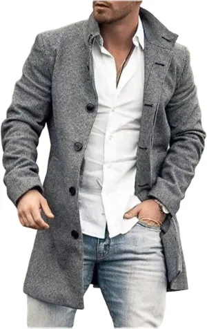 Mens Casual Plaid Notch Lapel Trench Coat Single Breasted Mid-Long Warm Pea Coats Soft Tops Fashion Jacket Overcoat