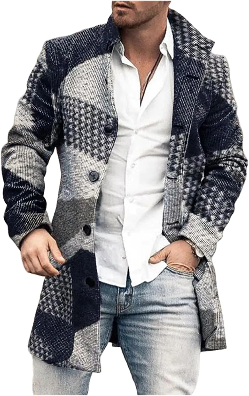 Mens Casual Plaid Notch Lapel Trench Coat Single Breasted Mid-Long Warm Pea Coats Soft Tops Fashion Jacket Overcoat