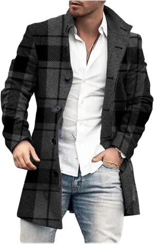 Mens Casual Plaid Notch Lapel Trench Coat Single Breasted Mid-Long Warm Pea Coats Soft Tops Fashion Jacket Overcoat