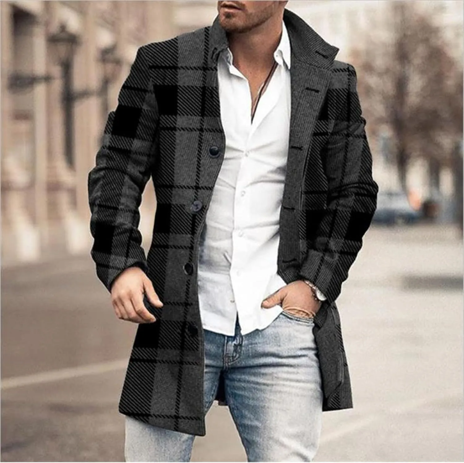Mens Casual Plaid Notch Lapel Trench Coat Single Breasted Mid-Long Warm Pea Coats Soft Tops Fashion Jacket Overcoat