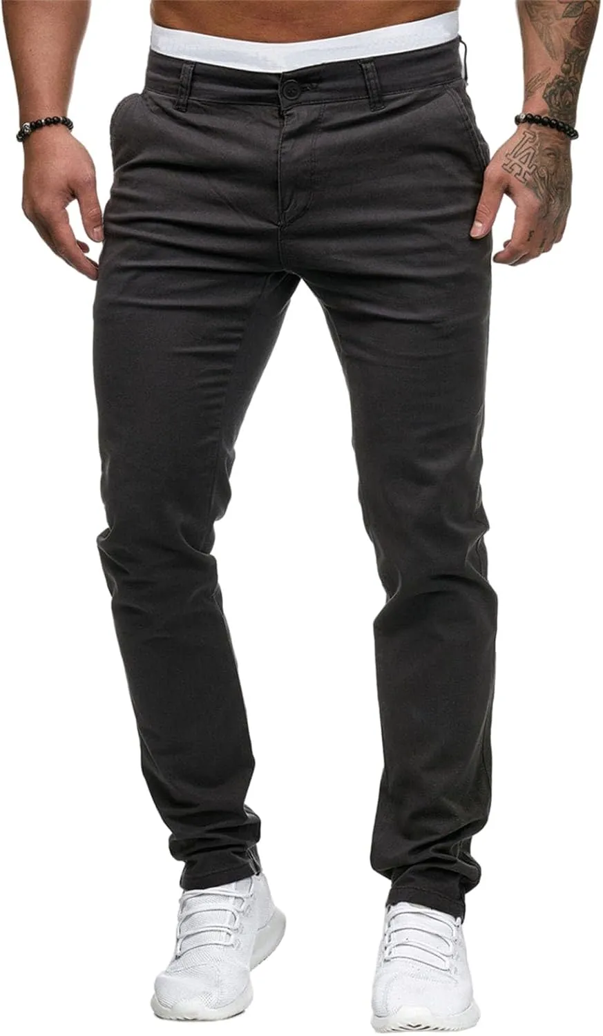 Men's Chino Pants Solid Stretch Skinny Cargo Pants Straight Leg Casual Trouser Slim Fit Tapered Trousers with Pockets