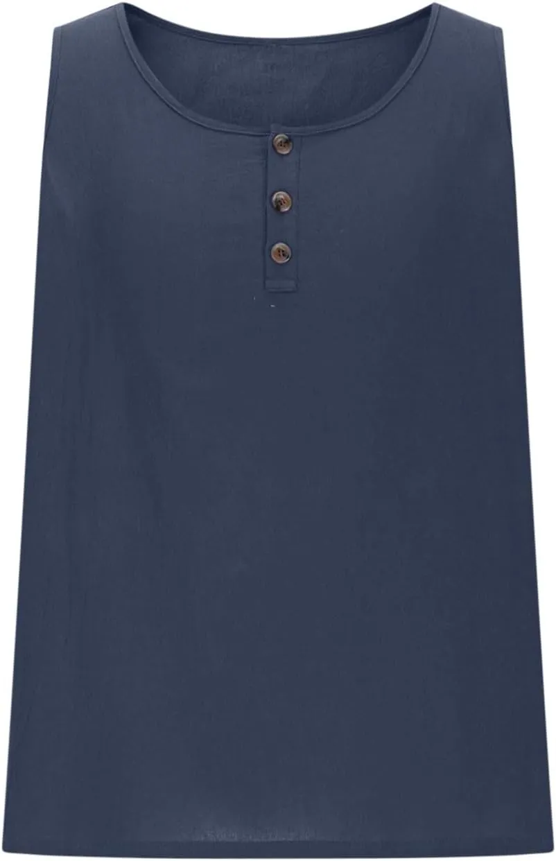 Mens Cotton Linen Button Down Sleeveless Henley Shirt Workout Tank Tops Summer V Neck Beach Muscle Bodybuilding Tees