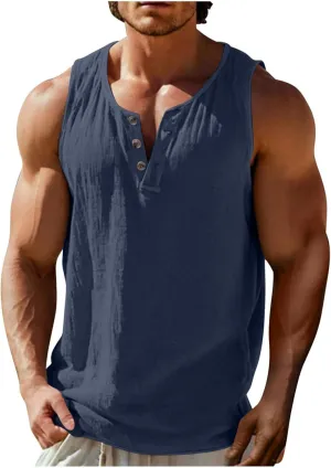 Mens Cotton Linen Button Down Sleeveless Henley Shirt Workout Tank Tops Summer V Neck Beach Muscle Bodybuilding Tees