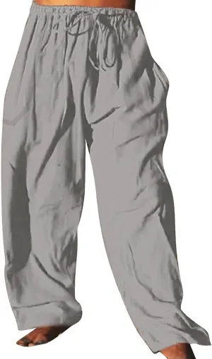 Mens Cotton Linen Harem Pants Elastic Waist Wide Leg Baggy Yoga Trousers Drawstrings Lightweight Summer Beach Pants for Men