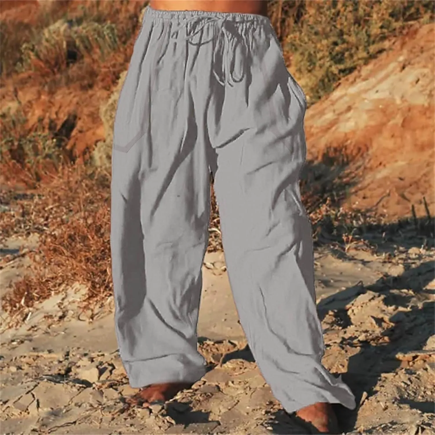 Mens Cotton Linen Harem Pants Elastic Waist Wide Leg Baggy Yoga Trousers Drawstrings Lightweight Summer Beach Pants for Men