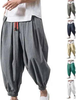 Men's Cotton Linen Harem Pants Loose Stretchy Waist Casual Hippie Trousers Lightweight Loose Beach Yoga Pants