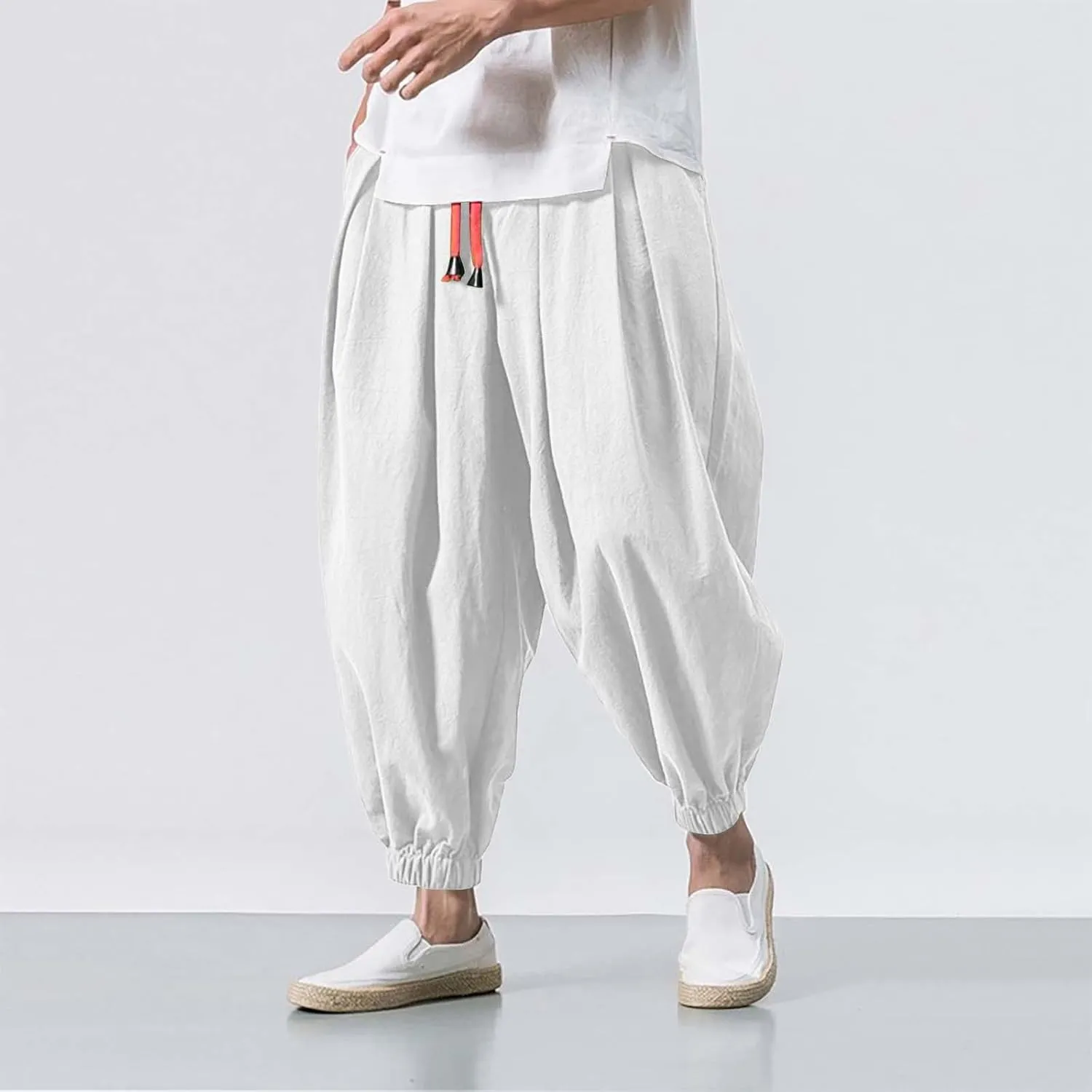 Men's Cotton Linen Harem Pants Loose Stretchy Waist Casual Hippie Trousers Lightweight Loose Beach Yoga Pants