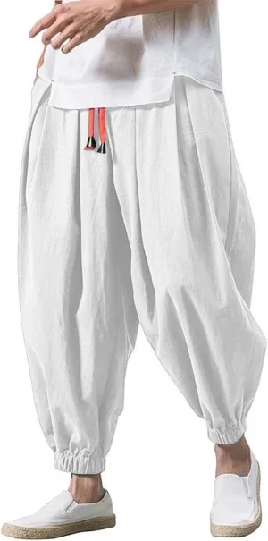 Men's Cotton Linen Harem Pants Loose Stretchy Waist Casual Hippie Trousers Lightweight Loose Beach Yoga Pants