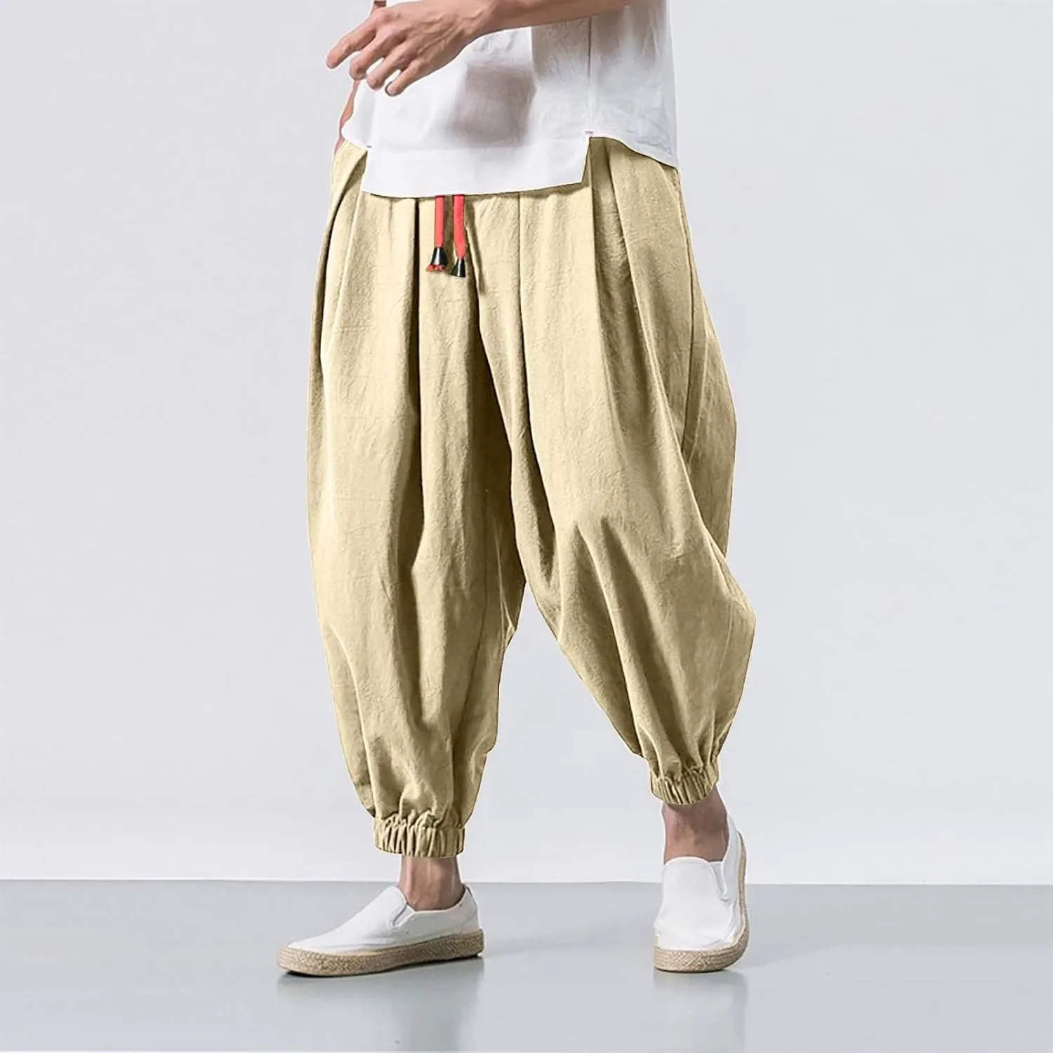 Men's Cotton Linen Harem Pants Loose Stretchy Waist Casual Hippie Trousers Lightweight Loose Beach Yoga Pants
