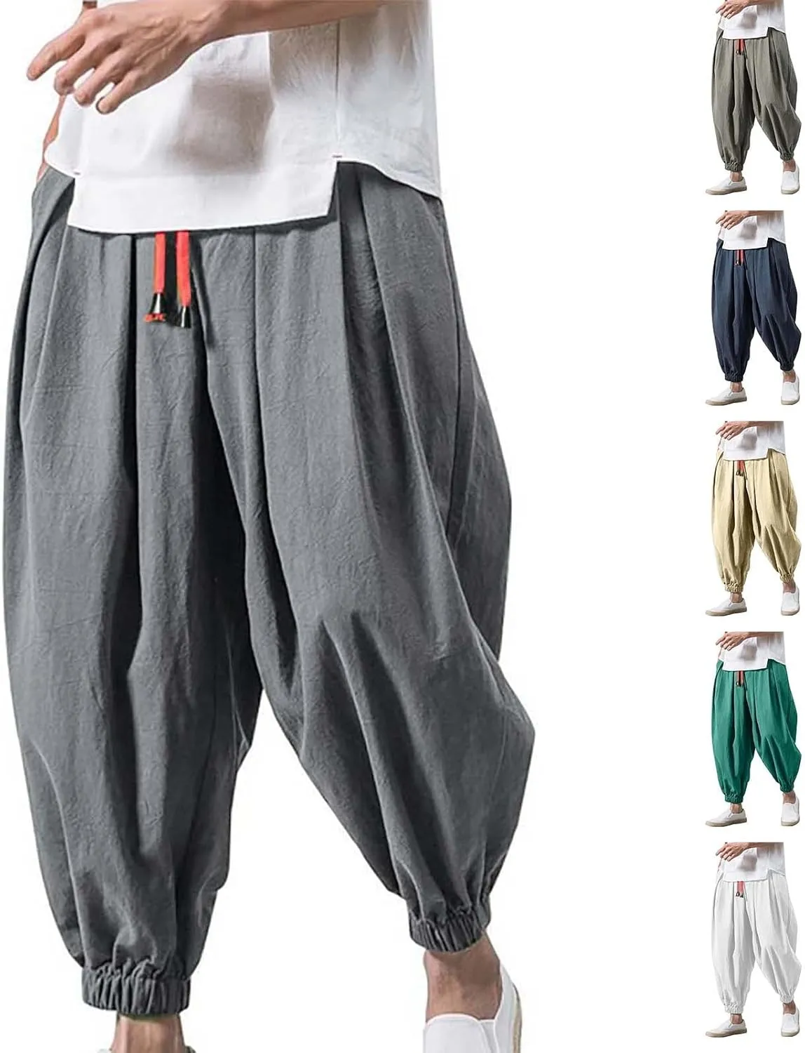 Men's Cotton Linen Harem Pants Loose Stretchy Waist Casual Hippie Trousers Lightweight Loose Beach Yoga Pants
