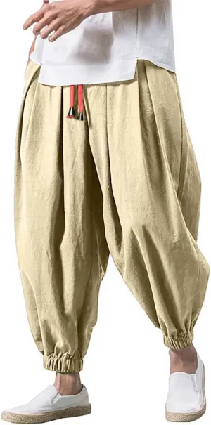 Men's Cotton Linen Harem Pants Loose Stretchy Waist Casual Hippie Trousers Lightweight Loose Beach Yoga Pants