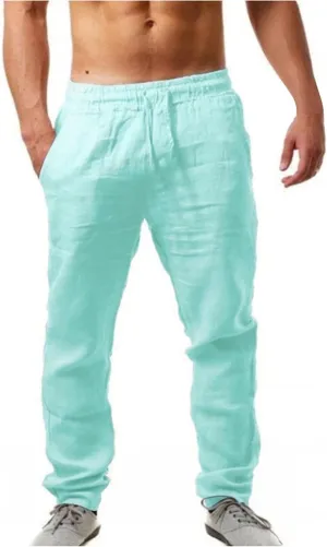 Mens Cotton Linen Pants Lightweight Drawstring Elastic Waist Trouser Wide Leg Joggers Hiking Sweatpants Yoga Pants