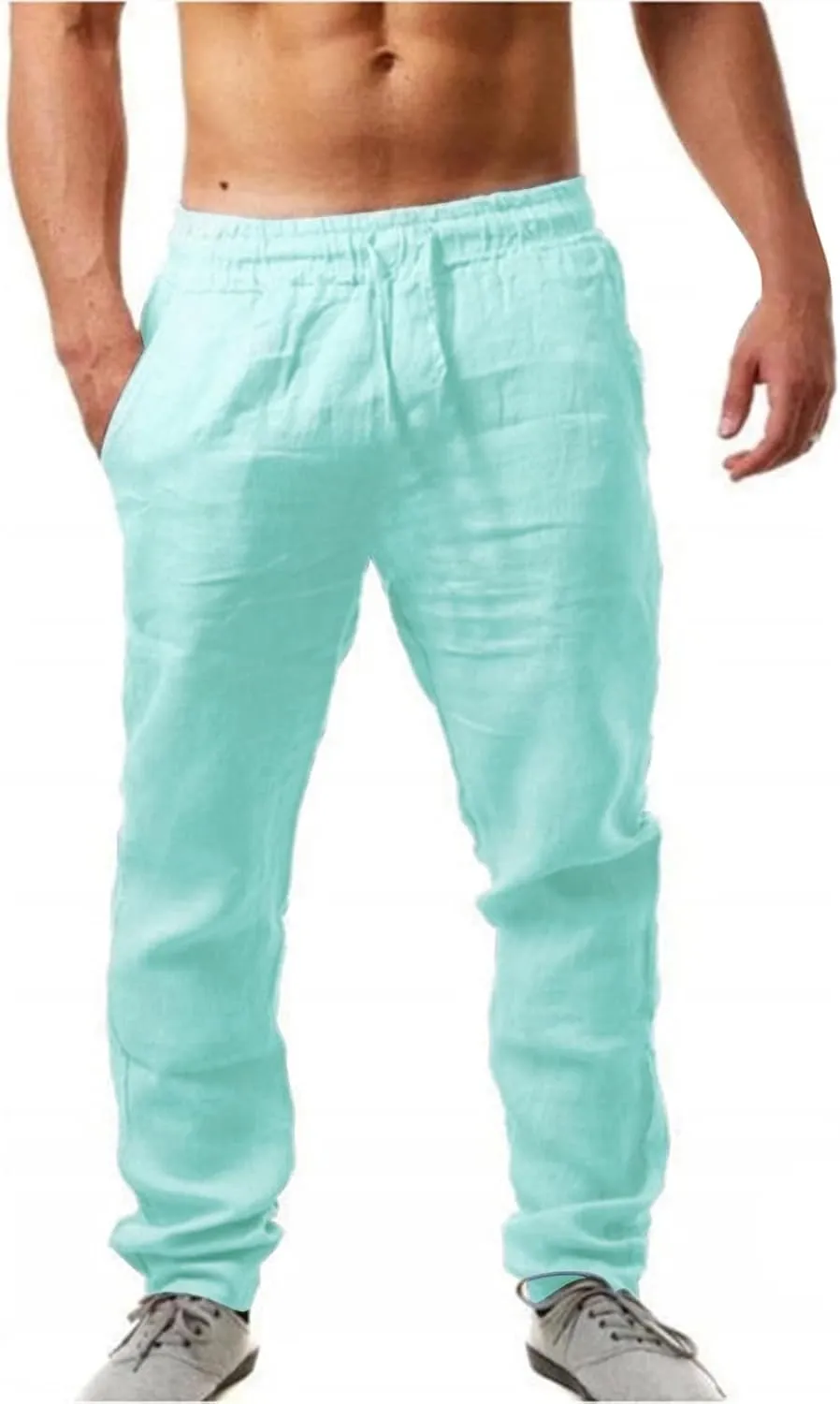 Mens Cotton Linen Pants Lightweight Drawstring Elastic Waist Trouser Wide Leg Joggers Hiking Sweatpants Yoga Pants
