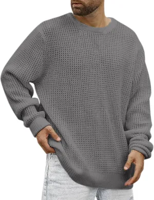 Mens Crewneck Cable Knit Chunky Pullover Sweater Long-Sleeve Soft Cotton Basic Lightweight Sweater Fashion Tops