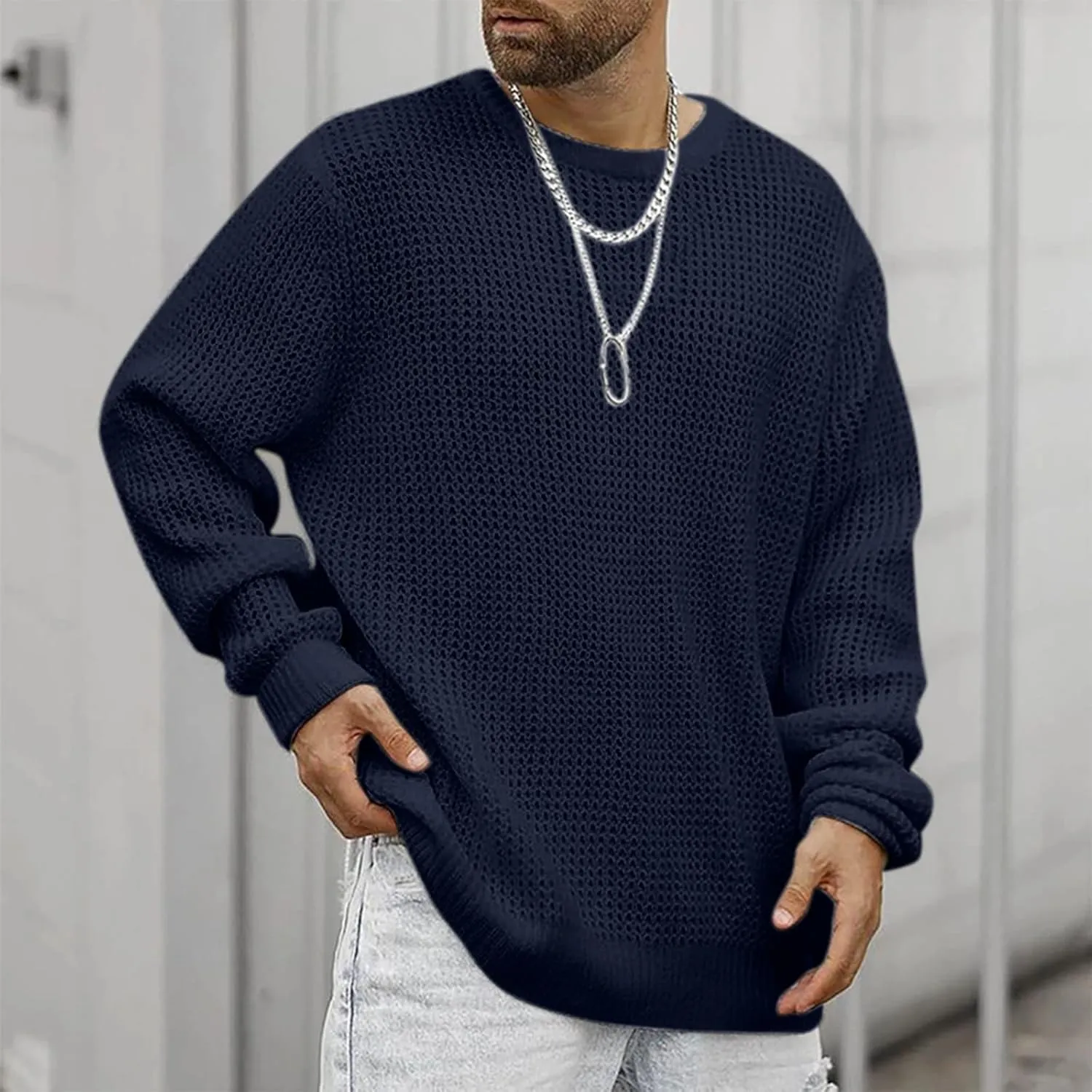Mens Crewneck Cable Knit Chunky Pullover Sweater Long-Sleeve Soft Cotton Basic Lightweight Sweater Fashion Tops