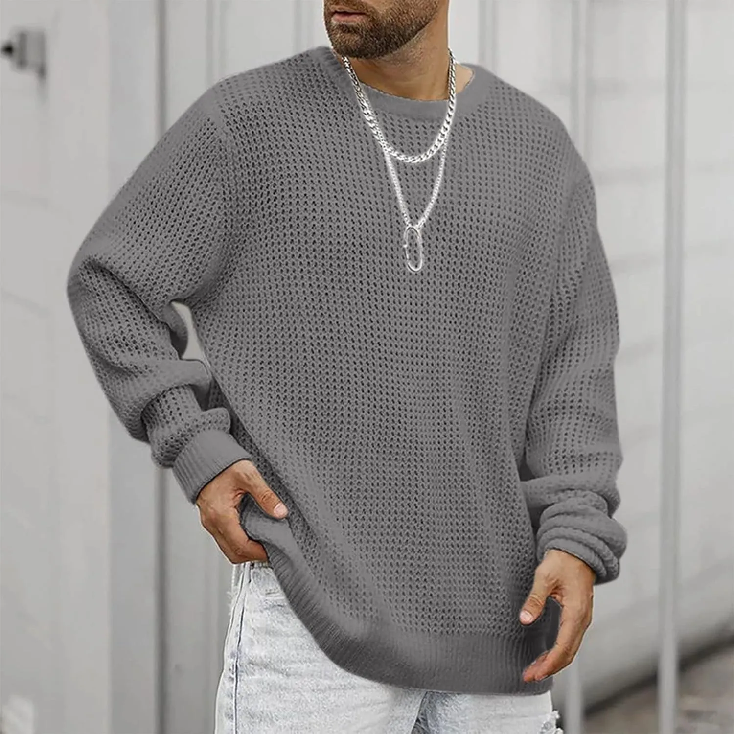 Mens Crewneck Cable Knit Chunky Pullover Sweater Long-Sleeve Soft Cotton Basic Lightweight Sweater Fashion Tops