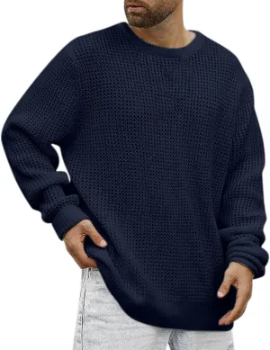 Mens Crewneck Cable Knit Chunky Pullover Sweater Long-Sleeve Soft Cotton Basic Lightweight Sweater Fashion Tops