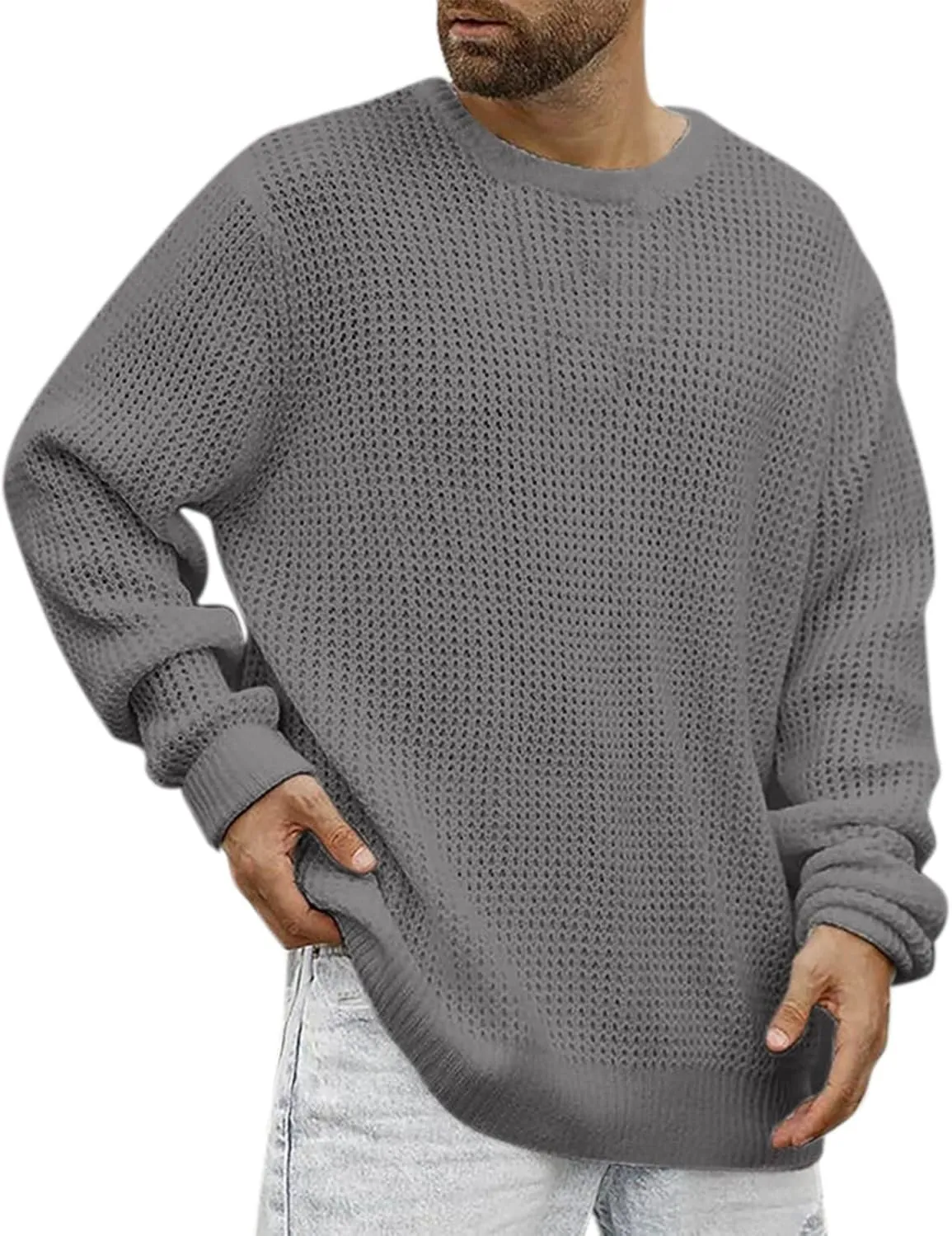 Mens Crewneck Cable Knit Chunky Pullover Sweater Long-Sleeve Soft Cotton Basic Lightweight Sweater Fashion Tops