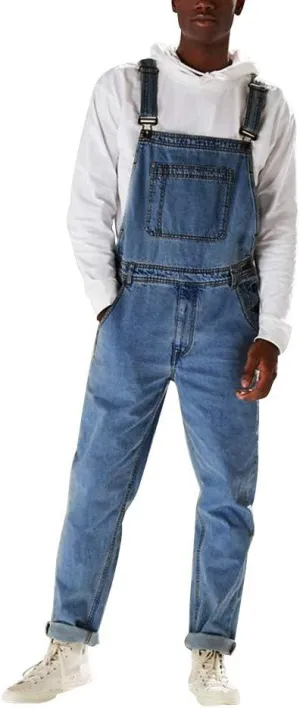 Men's Denim Bib Overall Jean Romper Trousers Cotton Relaxed Fit Pants Fashion Workwear Jumpsuit with Pockets
