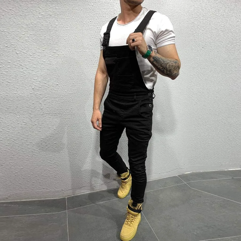 Men's Denim Bib Overall Jean Romper Trousers Cotton Relaxed Fit Pants Fashion Workwear Jumpsuit with Pockets