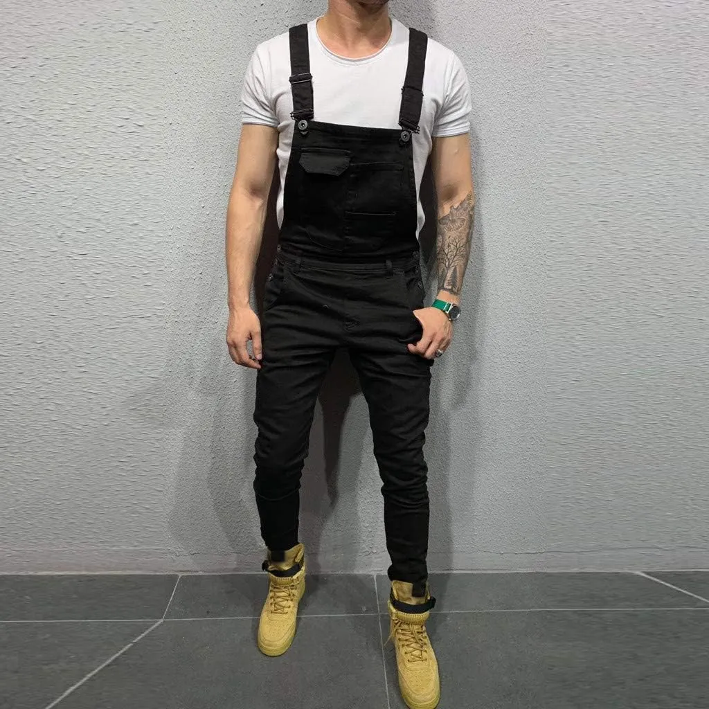 Men's Denim Bib Overall Jean Romper Trousers Cotton Relaxed Fit Pants Fashion Workwear Jumpsuit with Pockets