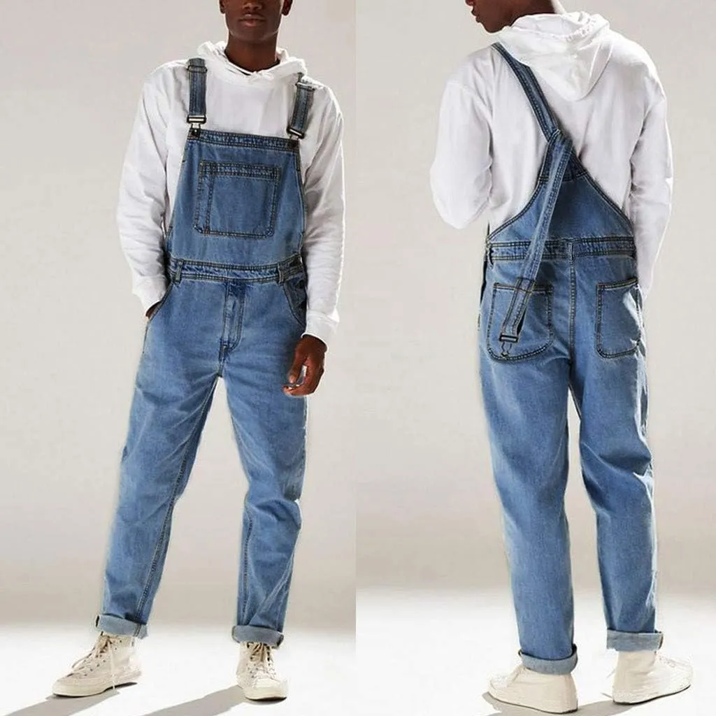 Men's Denim Bib Overall Jean Romper Trousers Cotton Relaxed Fit Pants Fashion Workwear Jumpsuit with Pockets